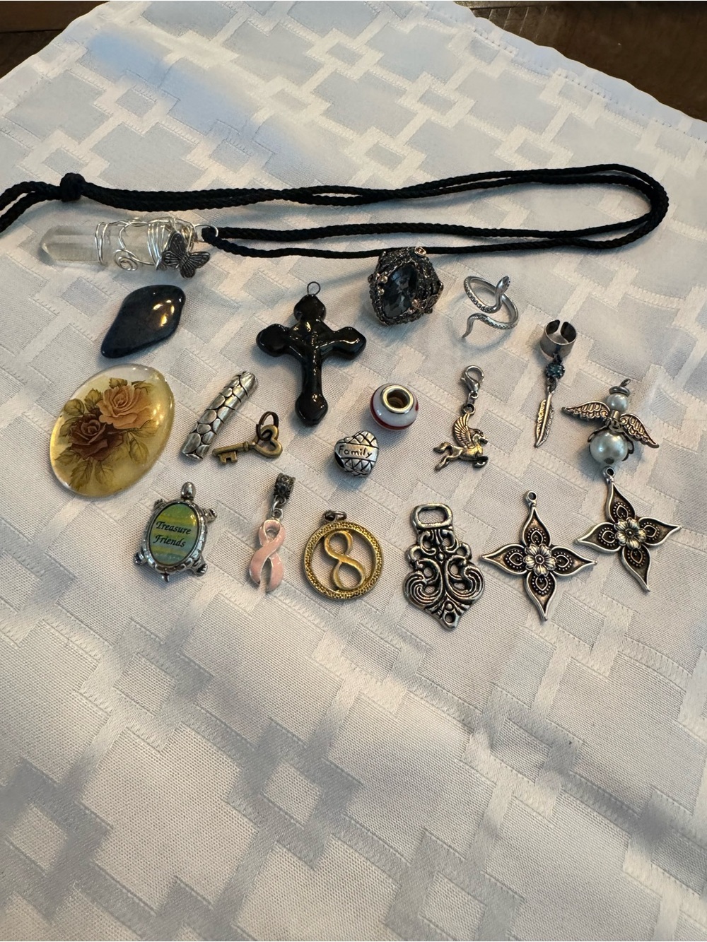 Mixed Lot Silver-Tone Charm Pendant Collection with Black Cord Necklace/2 rings